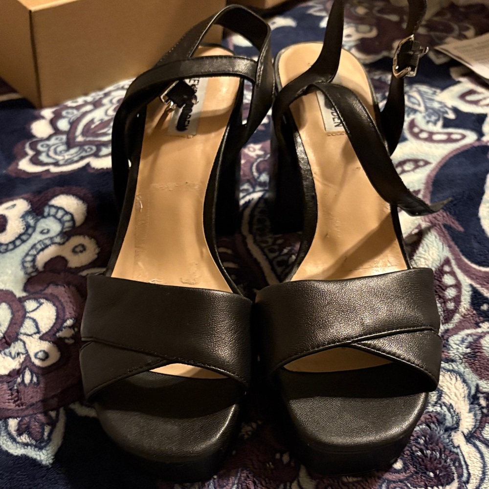 Steve Madden Emberly Black Leather Strappy Block Heels 10 Party Business Office